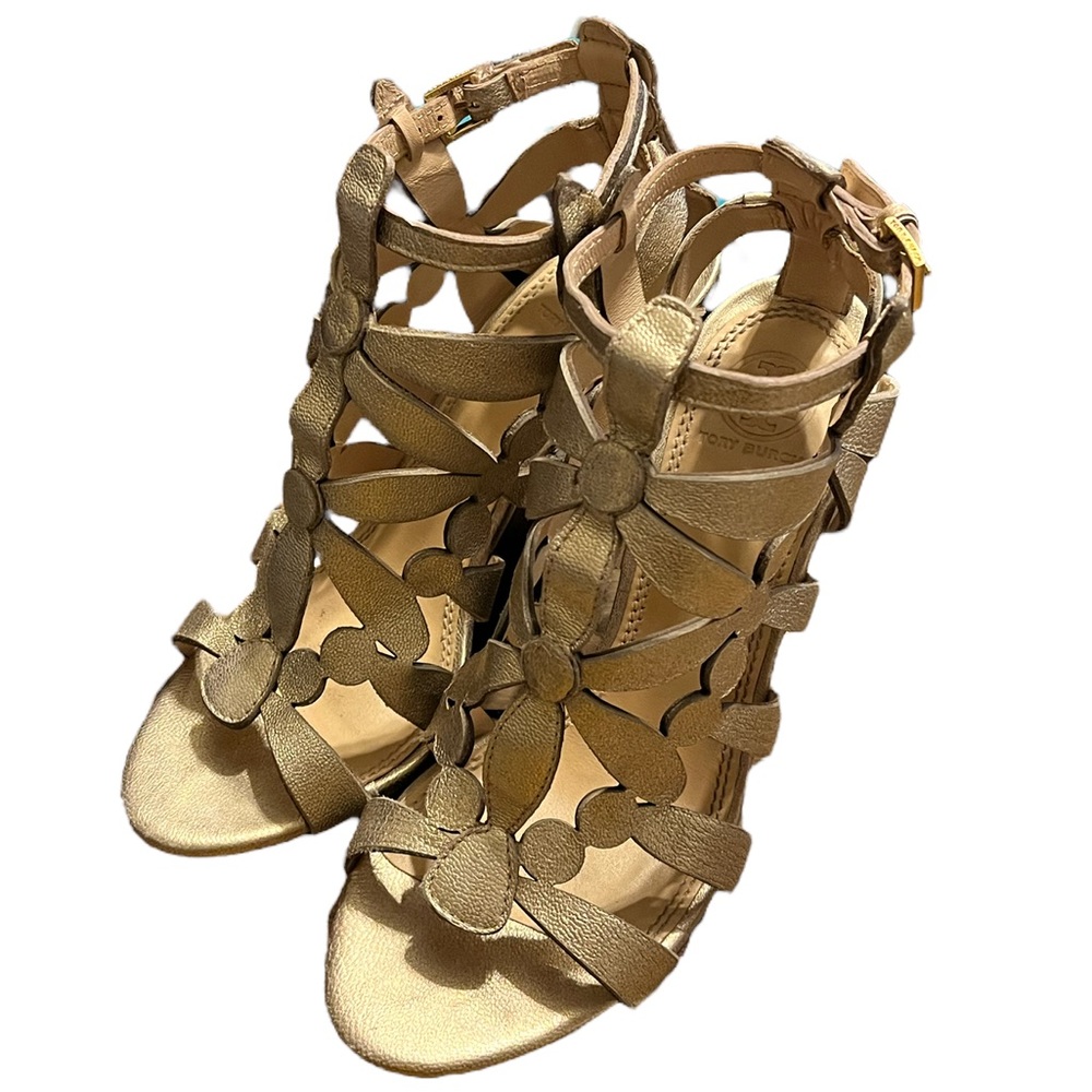Tory Burch Gold Floral Wedge Sandals